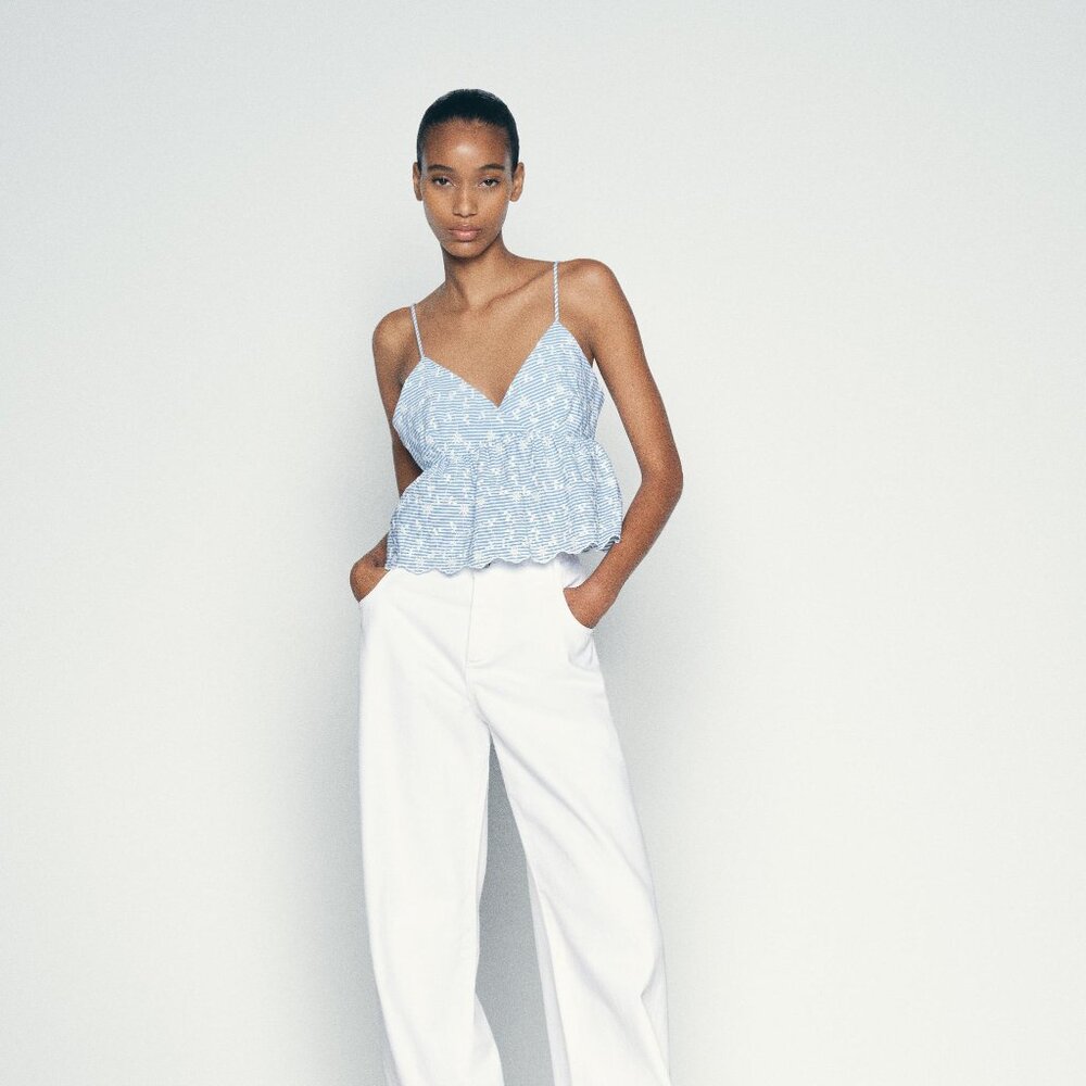 Zara NWT Embroidered Crop Summer Top Blue/White Beachy Summer Cotton Blend Sz L